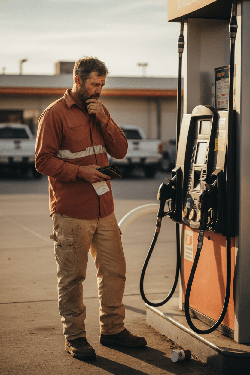Man in work clothes at gas station, doing the math, every dollar counted