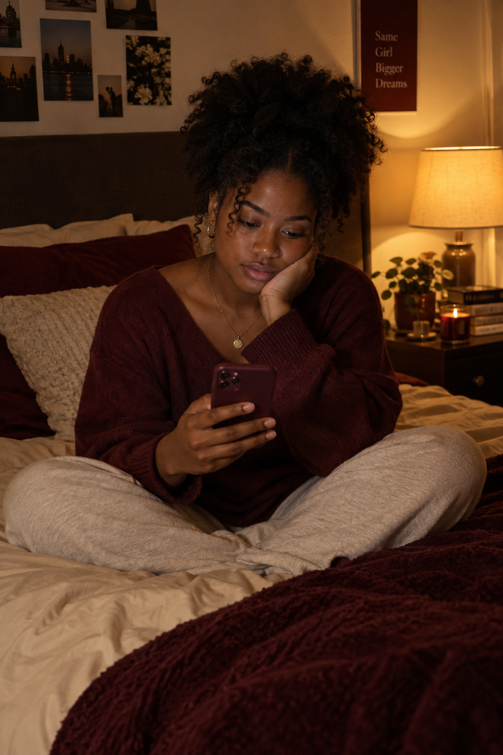 Young Black woman sitting on her bed at night scrolling through old text messages
