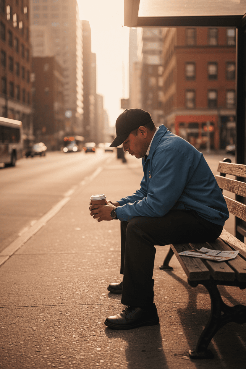 Bus driver sitting on bench on break, holding coffee, carrying something heavy