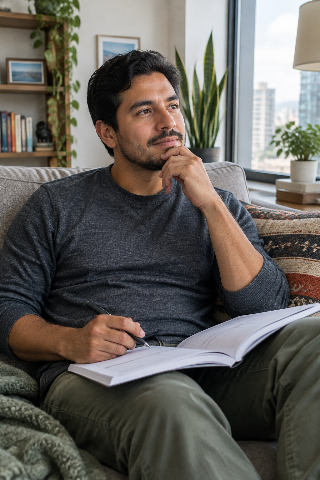 Latino man on couch with workbook, grounded