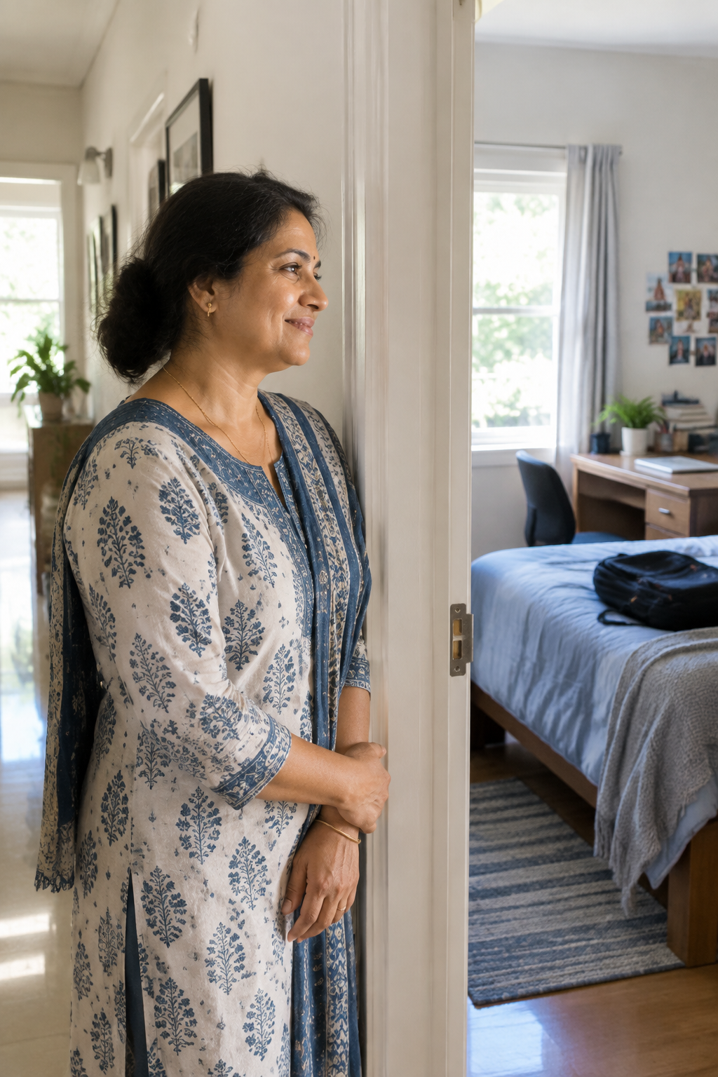 South Asian woman in hallway, quiet pride