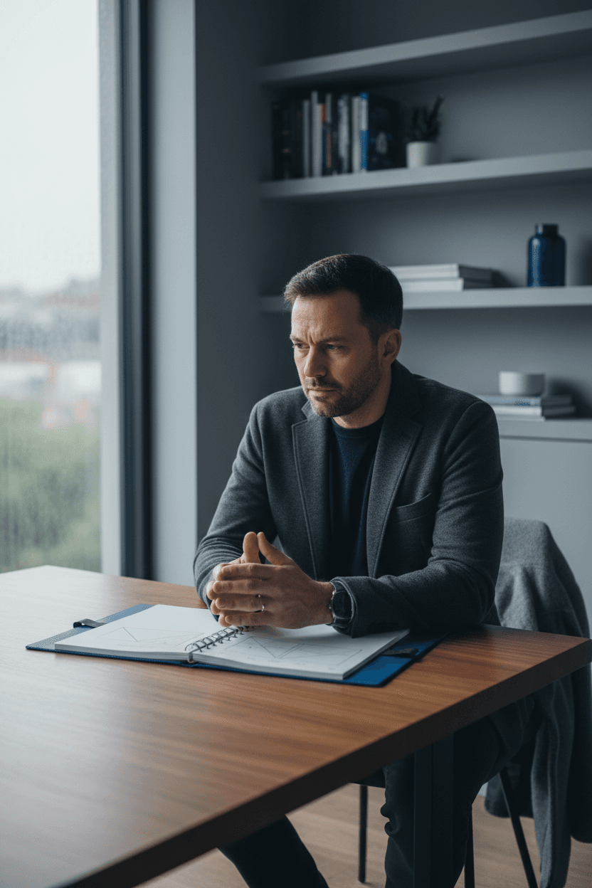 Man sitting at desk with planner, thoughtful and prepared