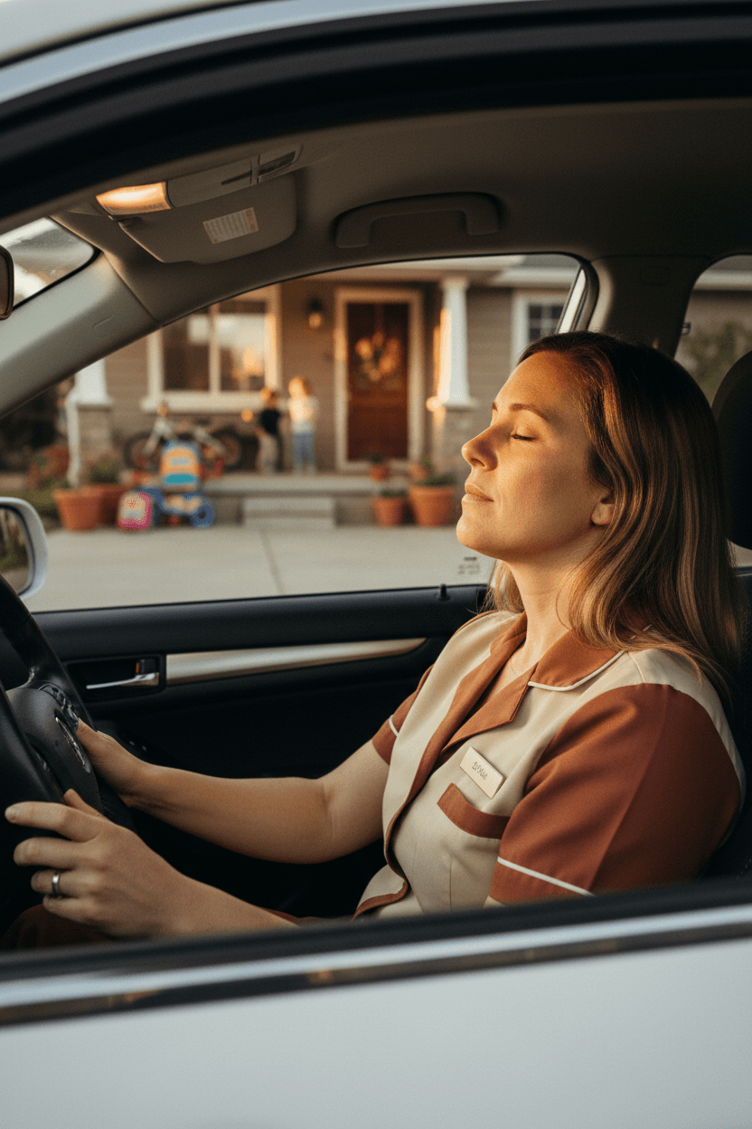 Woman in uniform sitting in parked car in driveway, eyes closed, house lights visible behind her